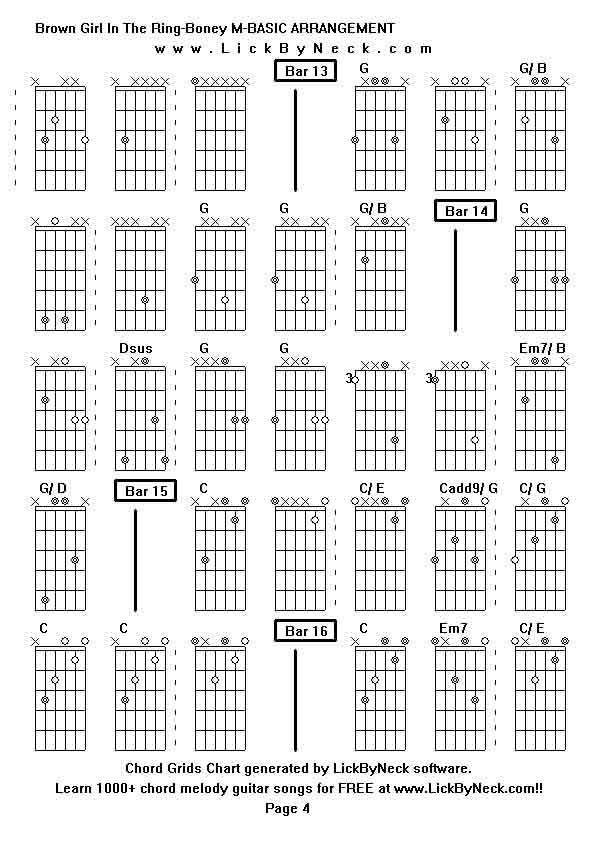 Chord Grids Chart of chord melody fingerstyle guitar song-Brown Girl In The Ring-Boney M-BASIC ARRANGEMENT,generated by LickByNeck software.